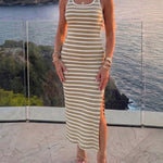 Women's Stripe Midi Dress Square Neck Ribbed Knit Bodycon Dress Backless Side Slit Vacation Dress