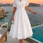 Women's Sheer Plaid Maxi Dress Short Sleeve Double Layer Swing Vacation Dress Elegant Flowy A Line Dress with Belt