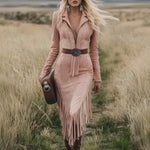Western Retro Pink Long-sleeved Tassel Midi Dress