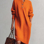 Comfortable And Fashionable Lapel Front Button Orange Knitted Midi Dress