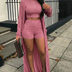 3 Pieces Outfit Sleeveless Half Button Front Crop Tank Top and High Waist Elastic Waist Shorts Set with Longline Cardigan Casual Rhinestone Decor Textured Set