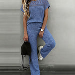 Women's 2 Piece Knit Set Lace Patchwork Short Sleeve Top and Wide Leg Pants Casual Ribbed Brushed Lounge Set