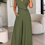 V-Neck Adjustable Spaghetti Straps Backless Overalls Casual Zipper Back Wide Leg Jumpsuit with Convertible Ruffles Tie Panel