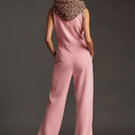 Western Retro Pink Faux Suede Sleeveless Leopard Print Hooded Wide-Leg Jumpsuit
