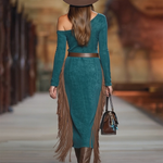 Western Green Faux Suede One-Shoulder Slit Patchwork Tassel Midi Dress