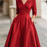 Elegant Black Satin Pleated V-neck A-line Midi Dress
