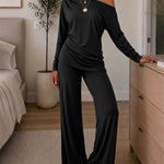 Women's 2 Piece Outfits Skew Neck Ruched Asymmetric Hem Top and Wide Leg Pants Set Casual Lounge Set