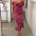 Women's Cold Shoulder Pearls Decor Strap Ruffle Midi Dress Cowl Neck Flocked Rose Slit Mermaid Bodycon Dress