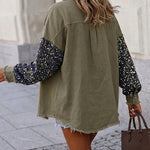 Women's Sequin Patchwork Denim Jacket Raw Hem Button Down Coat Long Sleeve Shacket with Pockets