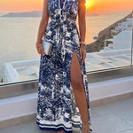 Vintage Ink Print Turn-down Collar Sleeveless Butto Front Maxi Dress Casual Zipper Back Tie Waist Side High Slit Vacation Dress with Belt