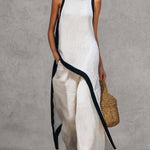 Temperament Casual Hooded White Black Trim White Cotton And Linen Asymmetrical Long Top And Pants Set