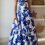 Strapless Ruched Bodice Full Skirt Floral Print Maxi Dress