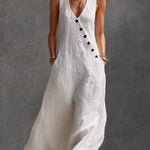 Stylish Simple Loose-fitting Sleeveless V-neck Diagonally Buttoned Cotton White Maxi Dress