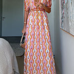 V Neck Short Sleeves Backless Printed Maxi Dress