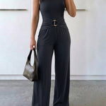 Women's Hollow-out Ribbed Wide Leg Jumpsuit Sleeveless Gold Ring Overalls