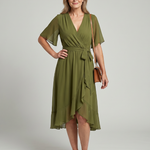 Keziah | Short Sleeve Wrap Soft Flowing Hem Midi Dress