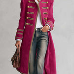 Vintage Military Magenta Gold Button Braided Trim Stand Collar Long Wool Coat