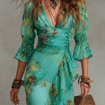 Grass Green Chiffon Irregular Ruffled Slit Maxi Dress