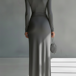 Women's Grey Silky Stretch Sophisticated Ruched Detail Cut-Out Maxi Dress
