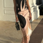 Margovil Halter Neck Open Back Asymmetric Hem Printed Satin Midi Dress