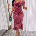 Women's Cold Shoulder Pearls Decor Strap Ruffle Midi Dress Cowl Neck Flocked Rose Slit Mermaid Bodycon Dress