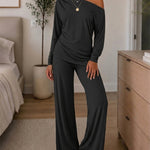 Women's 2 Piece Outfits Skew Neck Ruched Asymmetric Hem Top and Wide Leg Pants Set Casual Lounge Set