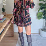 Long Sleeves Button Up Tie Waist Fioral Print Ruffle Mini Shirt Dress
