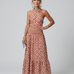 Olivia | Cross Halter Geometric Print Cutout Midi Dress