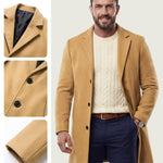 KZZ Men's Solid Button Front Lapel Neck Midi Coat Wear