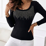 Women's Square Neck Long Sleeve Top Rhinestone Ribbed Knit Shirt Slim Fit Casual Sparkly Tee
