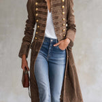 Vintage Washed Denim Military Officer Longline Gold-Button Fitted Statement Coat Women