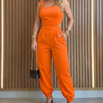 Women's Elastic Straps Jumpsuit Sexy Backless Cutout Square Neck Cami Overalls High Waist Tied Back Cuffed Jumpsuit