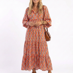 Amaroa | Geometric Print V-Neck Ruffle Midi Dress