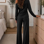 Women's 2 Piece Outfits Skew Neck Ruched Asymmetric Hem Top and Wide Leg Pants Set Casual Lounge Set