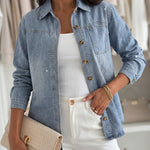 Women's Rhinestone Denim Jacket Washed Button-Down Shacket Sparkling Loose Fit Long Sleeve Casual Outerwear