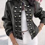 Button Decor Stand Collar Long Sleeve Jacket Casual Denim Coat