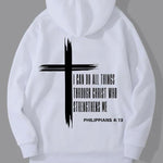 KZZ Men's Cross & Letter Print Drop Shoulder Hoodie,  Casual Regular Fit Hooded Sweatshirt