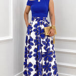 Women's 2 Piece Skirt Set Skew Neck Ruched Slim Fit Top and High Waisted Floral Print A Line Skirt with Pockets