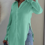 Turn-down Collar Roll Up Sleeve Button Front Shirt Casual Side Slit Curved Hem Top