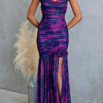 Spaghetti Strap Ruched Slit Floral Print Maxi Dress