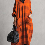 Vintage Fashion Ultra Loose V-neck Large Pockets Orange And Brown Wide Striped Maxi Dress