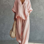 Casual Urban Bohemian Style V-neck Pink Cotton Blouse And Pants Set