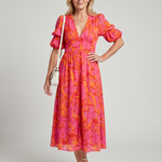 Zarelle | Puff Sleeve V Neck Bold Floral Print Midi Dress