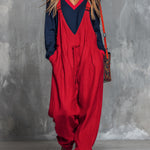 Retro Bohemian Style Color-blocked Cotton And Linen Top And Overalls Set
