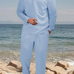 KZZ Men's Textured Long Sleeve Polo Shirt & Drawstring Pants Set