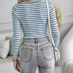 Women's Striped Henley Ribbed Long Sleeve Top Slim Fit Tee