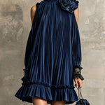 Elegant Olive Green Pleated Mini Dress with High Neck, Ruffle Hem & Rose Detail