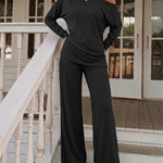 Women's 2 Piece Outfits Skew Neck Ruched Asymmetric Hem Top and Wide Leg Pants Set Casual Lounge Set