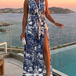 Vintage Ink Print Turn-down Collar Sleeveless Butto Front Maxi Dress Casual Zipper Back Tie Waist Side High Slit Vacation Dress with Belt