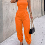 Women's Elastic Straps Jumpsuit Sexy Backless Cutout Square Neck Cami Overalls High Waist Tied Back Cuffed Jumpsuit